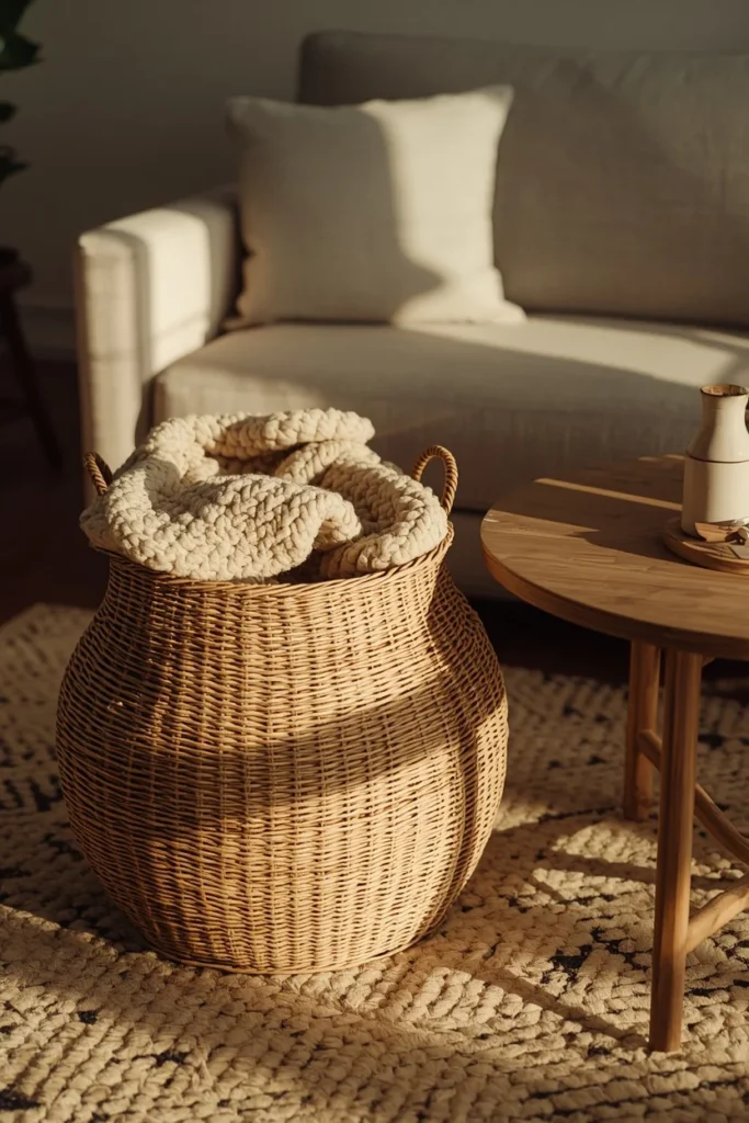  living room, featuring a round woven basket holding a folded chunky knit