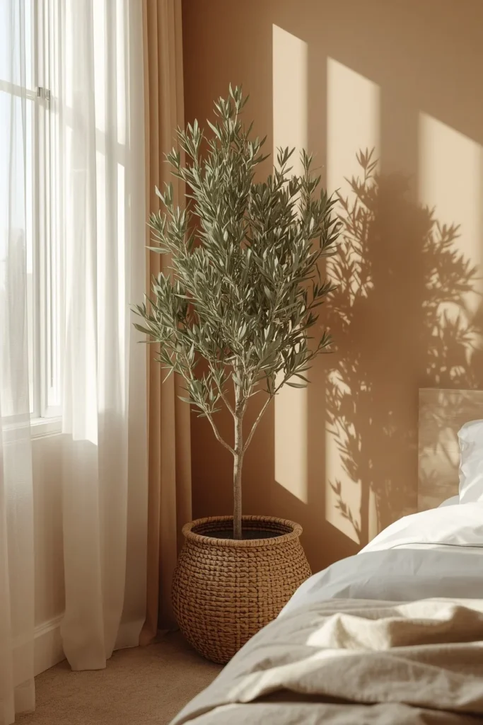  small bedroom corner, featuring a tall olive tree in a woven basket planter positioned near a window, 