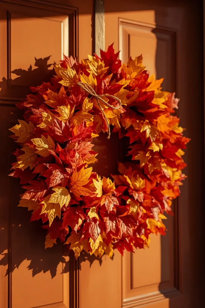 front door wreath close-up, featuring a dense wreath