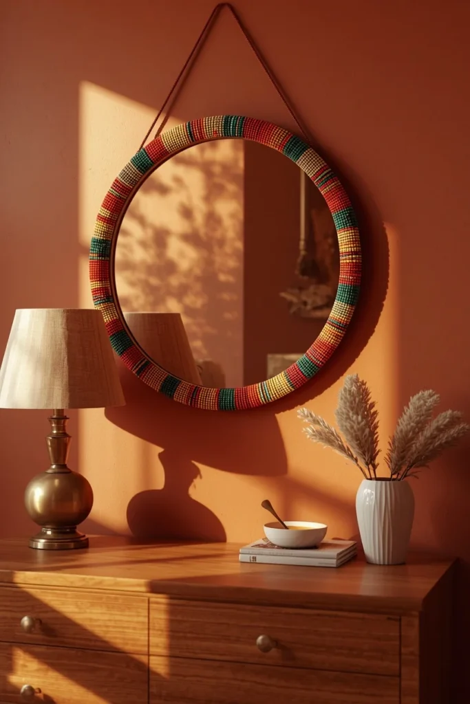 23 Afrobohemian Bedroom Ideas for Warm, Earthy, Soul-Filled Nights 16 bedroom dresser vignette, featuring a round mirror framed in colorful Maasai beadwork