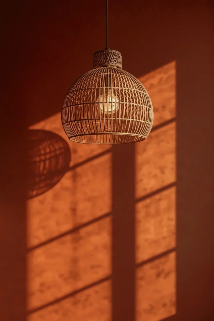  bedroom lighting detail, featuring a woven rattan pendant light casting dappled warm shadows