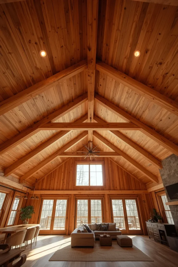 barndominium interior, featuring a natural wood tongue-and-groove ceiling