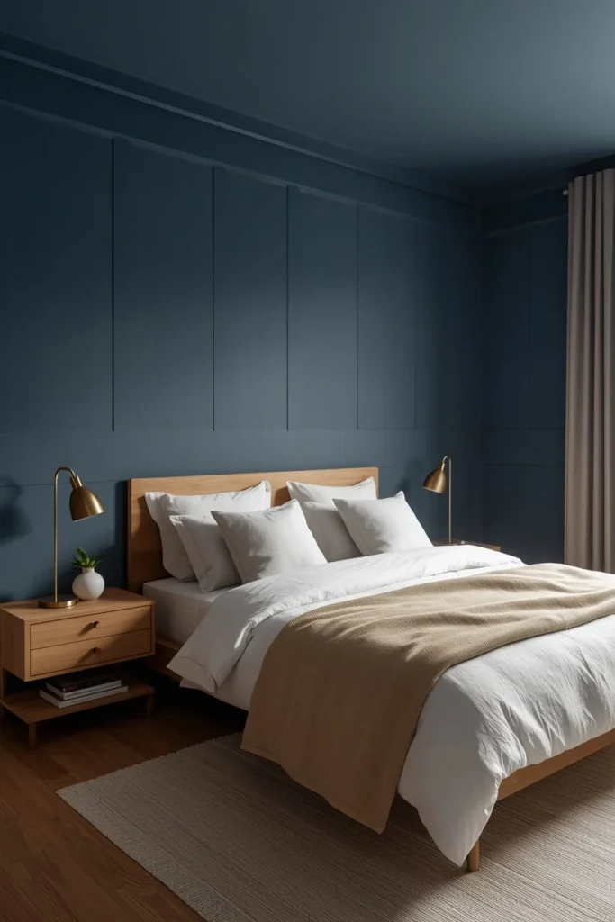 21 Bedroom Color Schemes That Make Your Room Feel Like a Boutique Hotel 16 Bedroom with slate blue walls using color-capping technique, deeper blue ceiling,