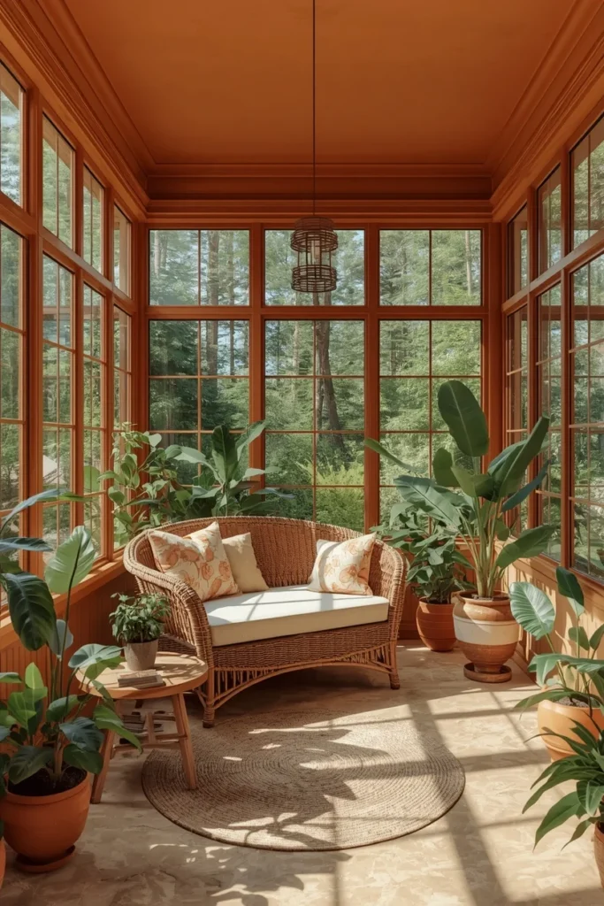 sunroom, featuring a burnt orange ceiling and wall trim, rattan daybed with cushions, 