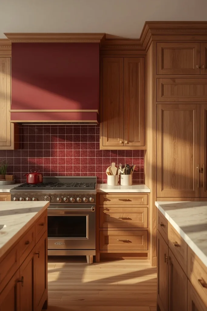  kitchen, featuring a merlot wine-toned tiled range hood and matching cabinetry wall, 