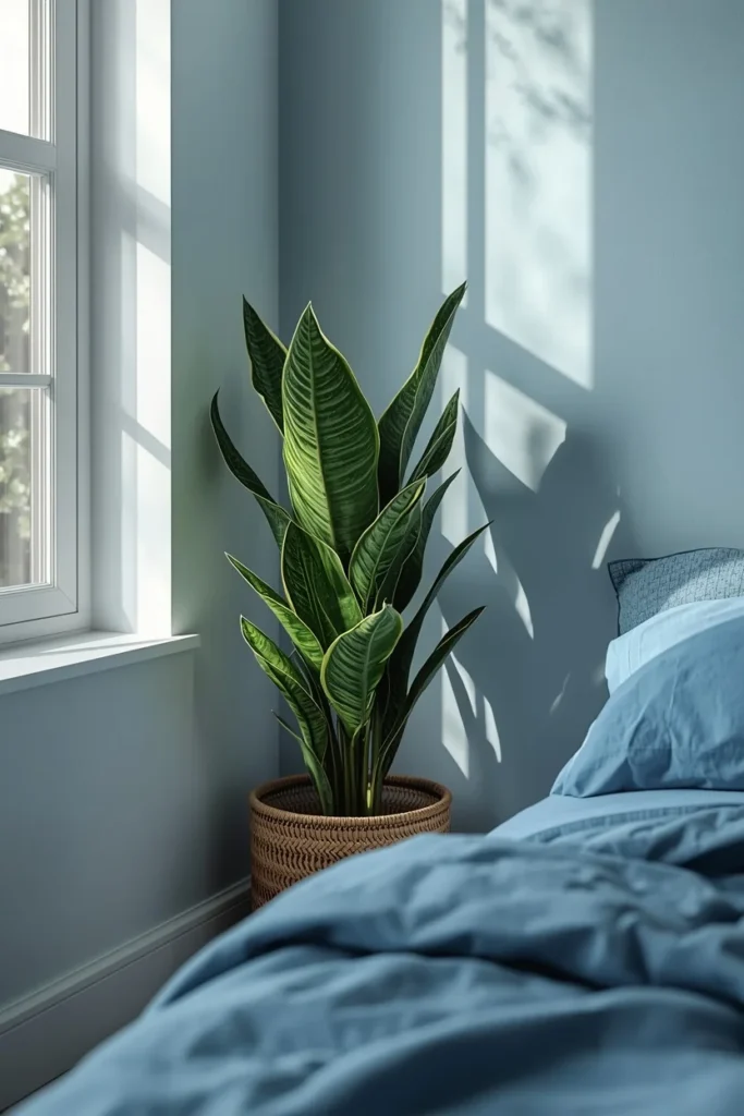  bedroom corner shot, featuring a tall snake plant in a woven basket planter near a window 