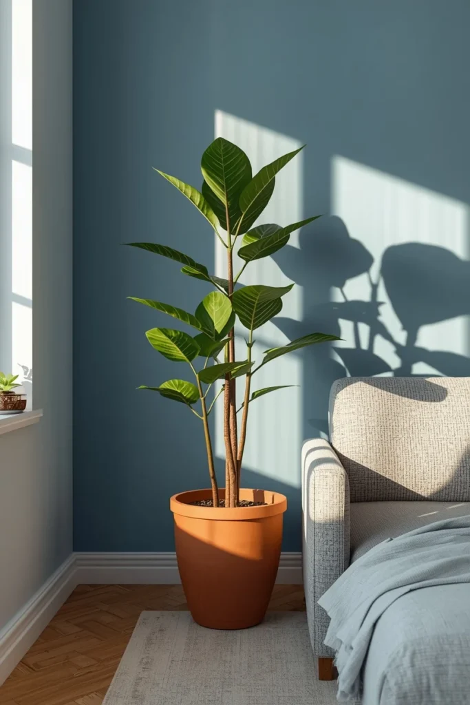  living room corner, featuring a tall fiddle leaf fig in a terracotta planter beside a boucle armchair,
