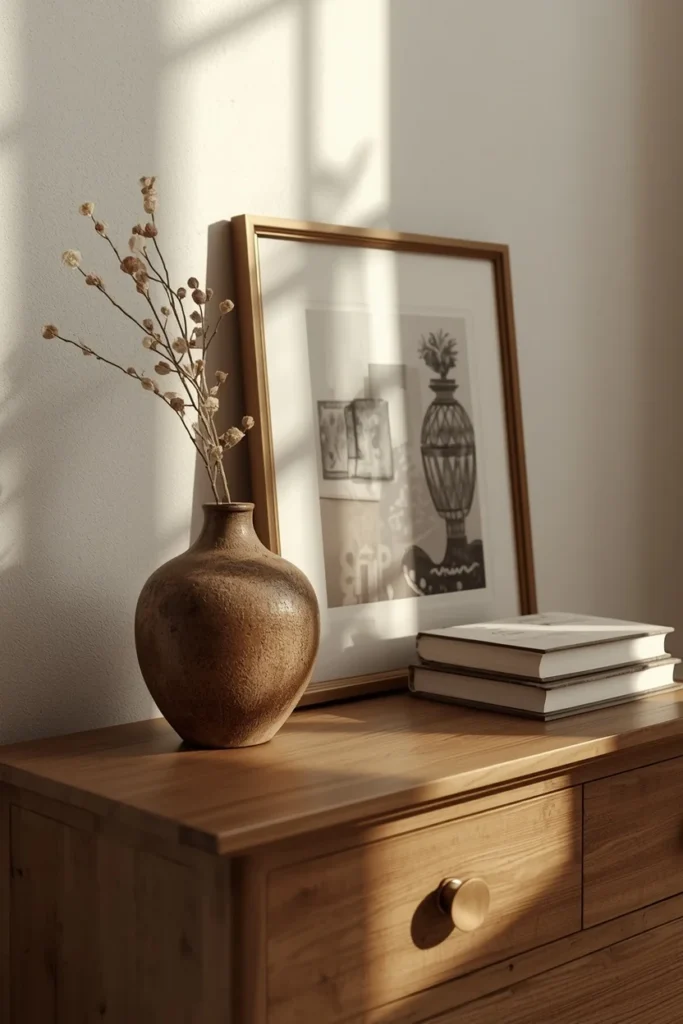 24 Cozy Bedroom Ideas That Make You Never Want to Leave Your Bed 16 bedroom dresser close-up, featuring a rustic ceramic vase,