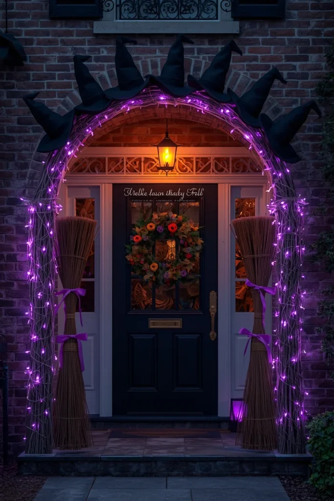 18 DIY Halloween Archway Ideas That Wow Trick-or-Treaters 16 whimsical front porch archway, featuring a row of black witch hats
