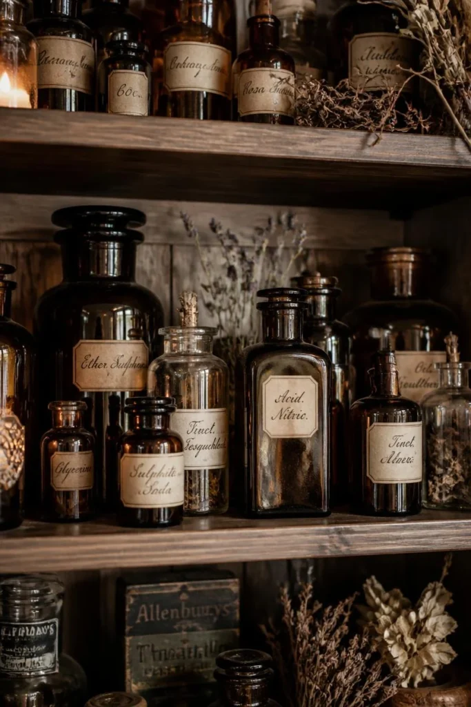 shelf display, featuring a clustered collection of vintage amber and smoked glass apothecary bottles 