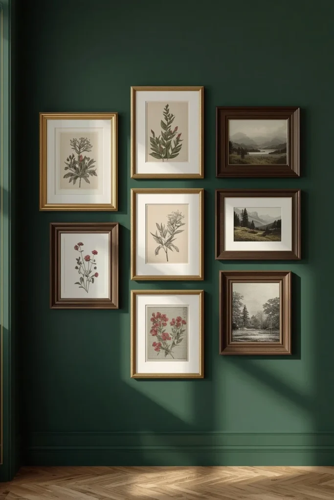 gallery wall, featuring an asymmetrical arrangement of small framed vintage botanical prints