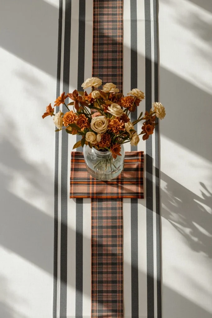 21 Fall Centerpiece Ideas That Take Minutes to Put Together (Easy + Budget-Friendly) 16 table styling shot, featuring a striped table runner layered with a smaller plaid runner