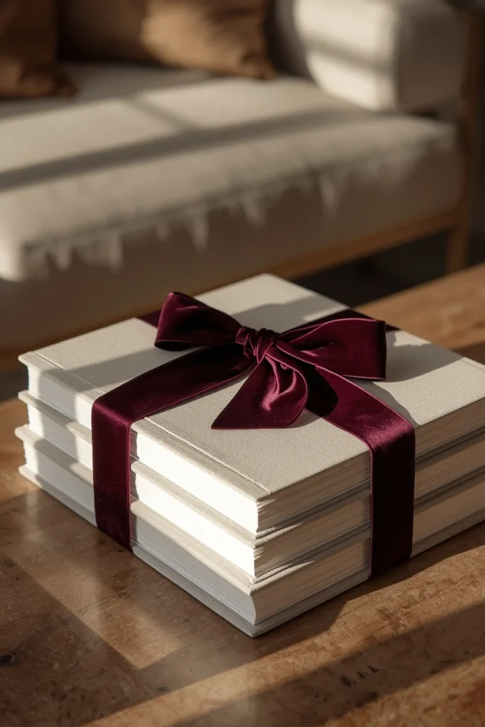 20 Fall Coffee Table Decor Ideas to Steal This Season 16 living room, featuring a stack of linen-bound books tied with a deep plum velvet ribbon bow on a coffee table