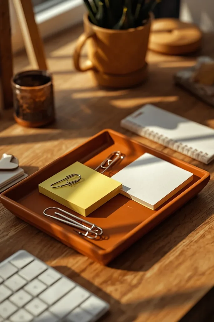 desk decor, featuring a shallow rust-colored ceramic tray holding sticky notes,