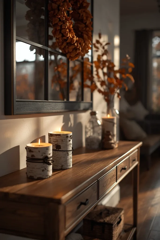 16 Fall Entry Table Decor Ideas That Wow Guests Instantly-Cozy Autumn Entryway Styling 16 entryway console table, featuring small birch logs and bark-wrapped candle holders arranged