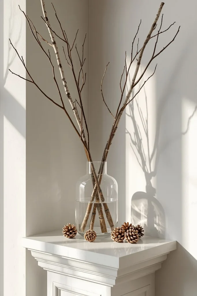  fireplace mantel corner, featuring a simple glass vessel with bare birch branches