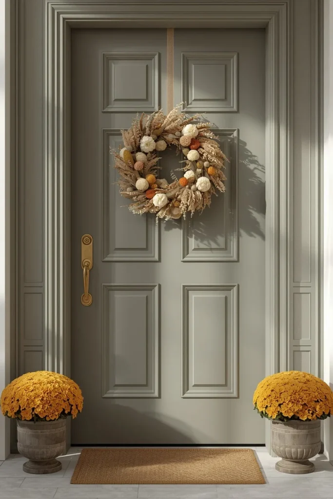  front door close-up, featuring a matte sage green painted door 