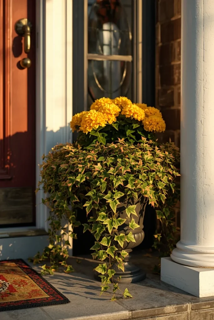 19 Fall Planter Ideas That Bring Instant Curb Appeal 16 front porch planter, featuring variegated ivy cascading generously over the edge of a mum-filled container