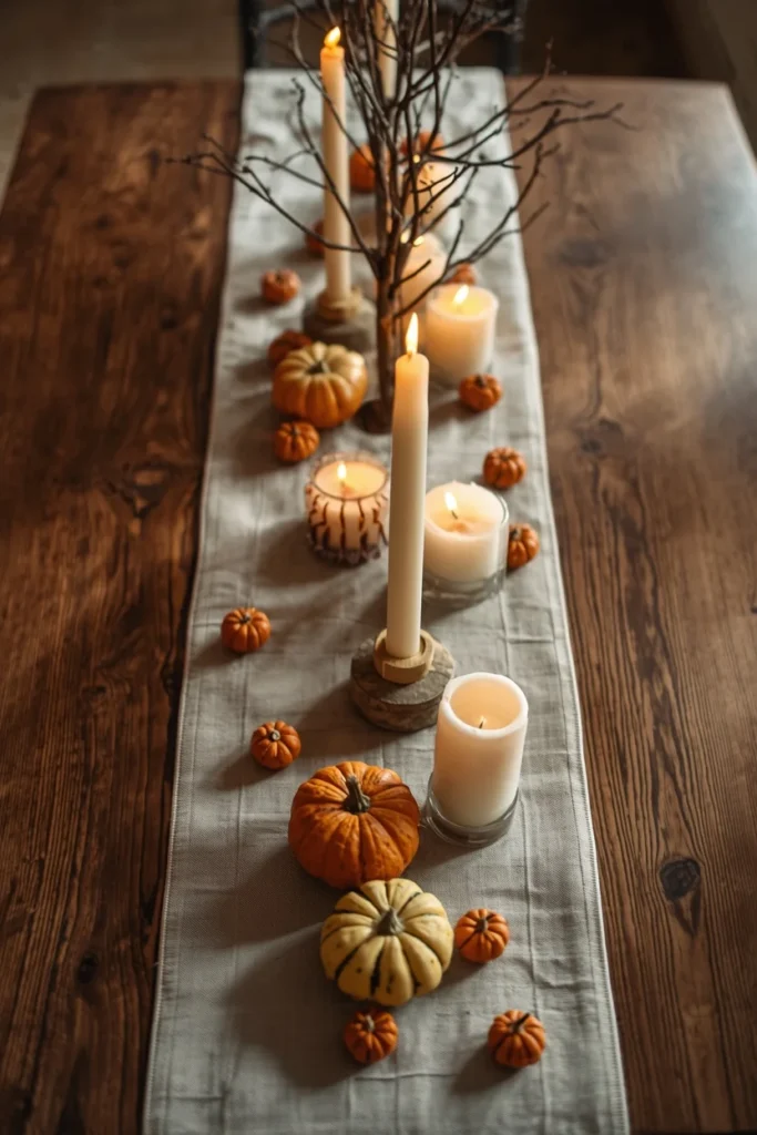 18 Fall Tree Ideas to Decorate Your Home Like a Magazine 16 dining table centerpiece, featuring a small branch tree flanked by ivory taper candles
