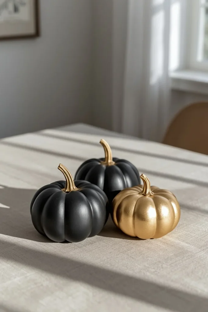 centerpiece, featuring three pumpkins in matte black and metallic gold finishes 