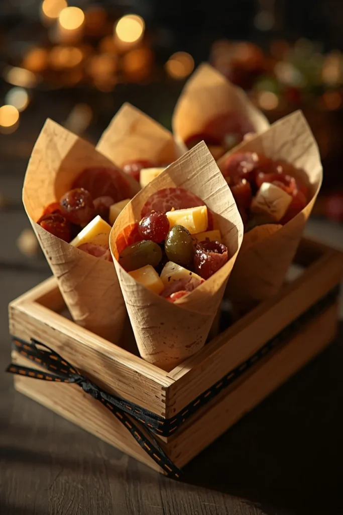  charcuterie display, featuring parchment paper cones filled with rolled meat, cheese cubes