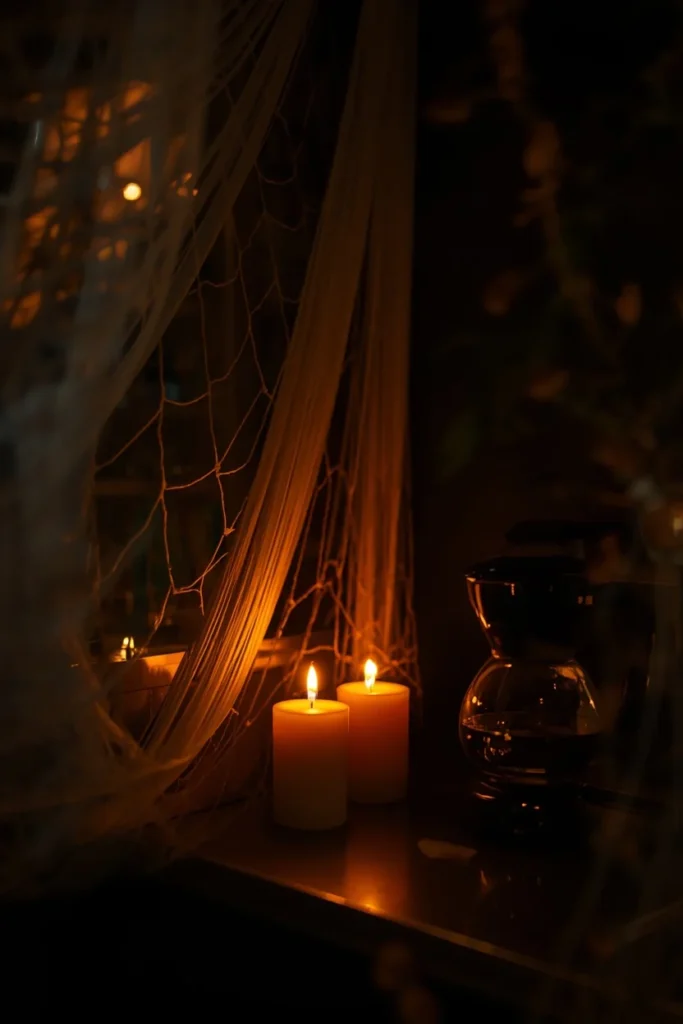  moody coffee bar corner shot, featuring stretched white cobweb material draped in a back corner 