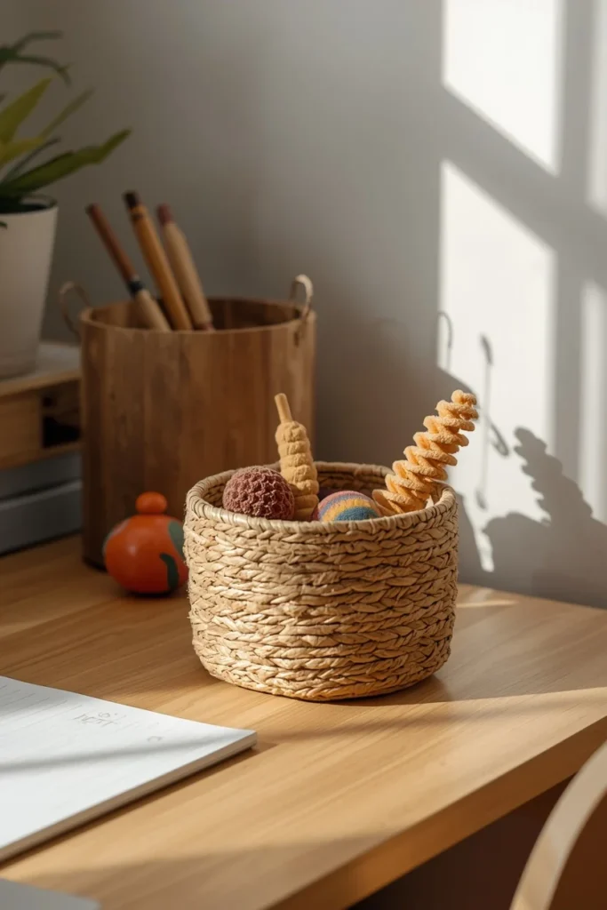 homeschool room desk area, featuring a small woven bin of fidget tools