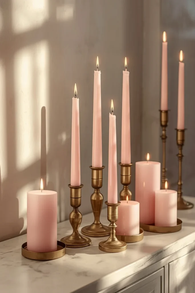 15 Pink Fall Decor Ideas for a Softer Take on Autumn 16 tabletop vignette, featuring a cluster of blush pink taper and pillar candles in aged brass holders