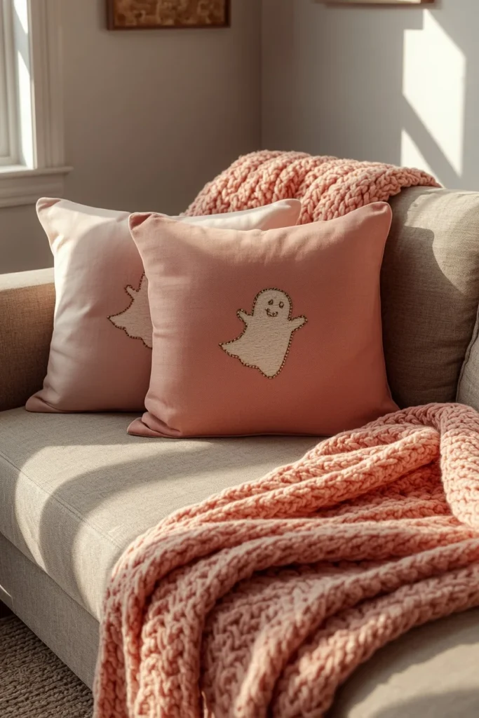  living room sofa, featuring two blush pink throw pillows with a simple embroidered ghost motif