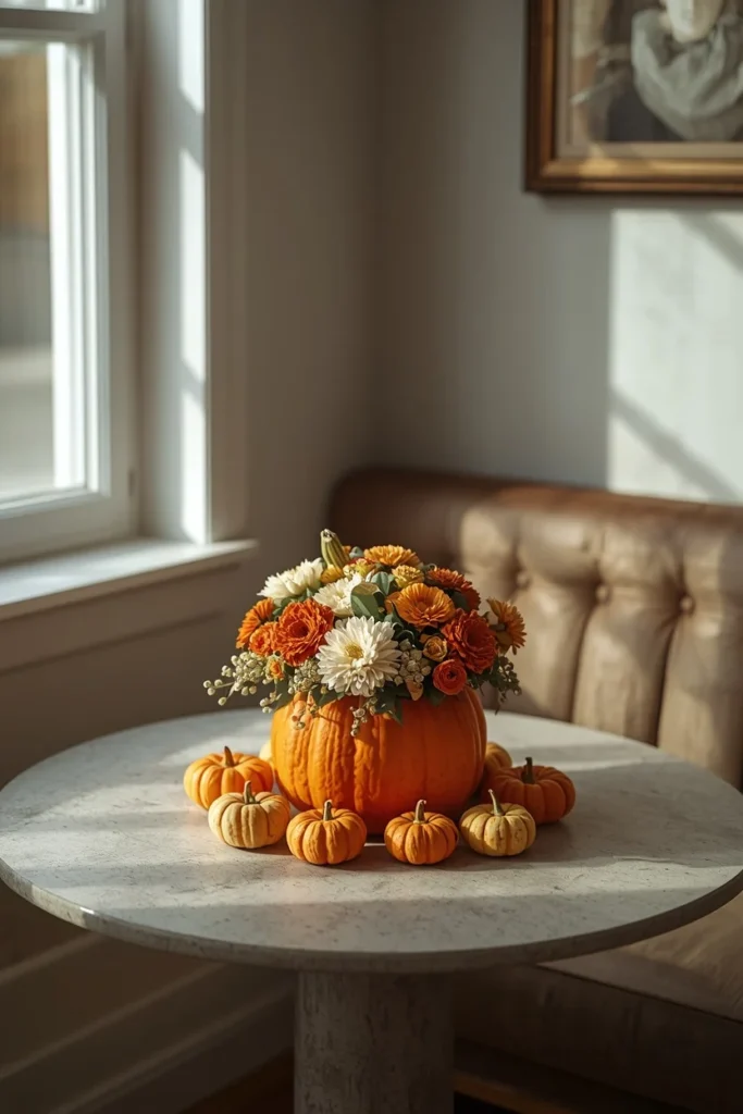 15 Pumpkin Floral Arrangement Ideas for Fall Tables That Feel Effortlessly Elegant 16 small breakfast nook table, featuring a low wide pumpkin filled with a compact arrangement of mums