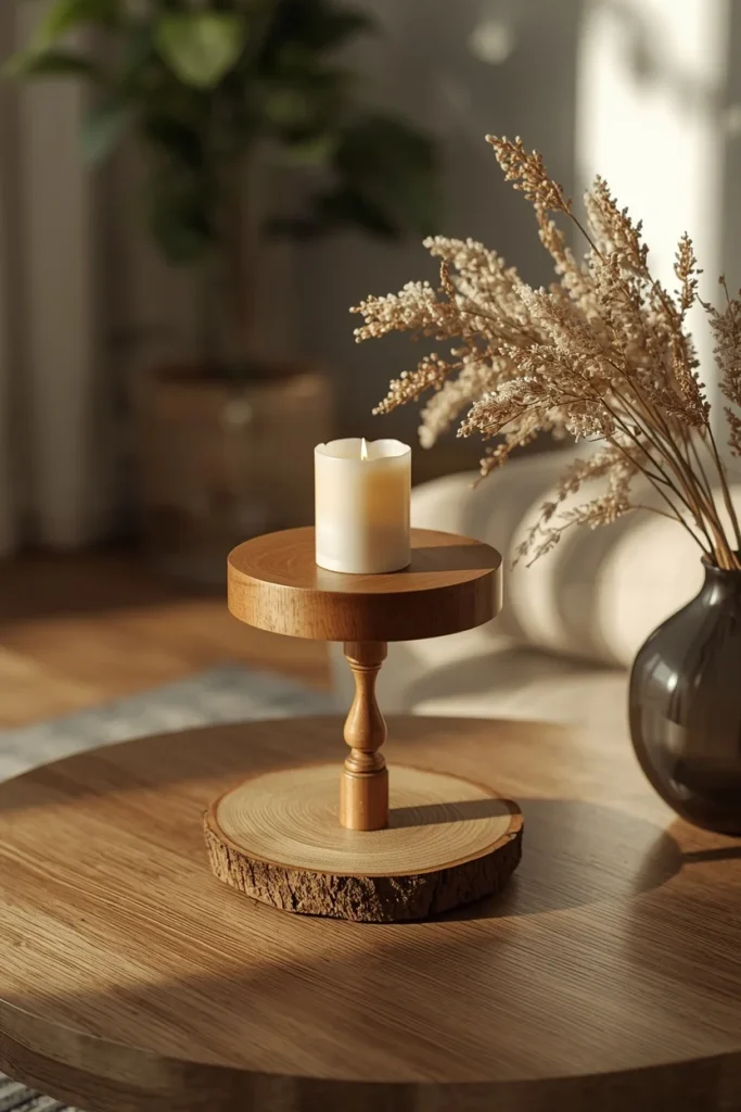  living room, featuring a small two-tier wood stand on a round coffee table