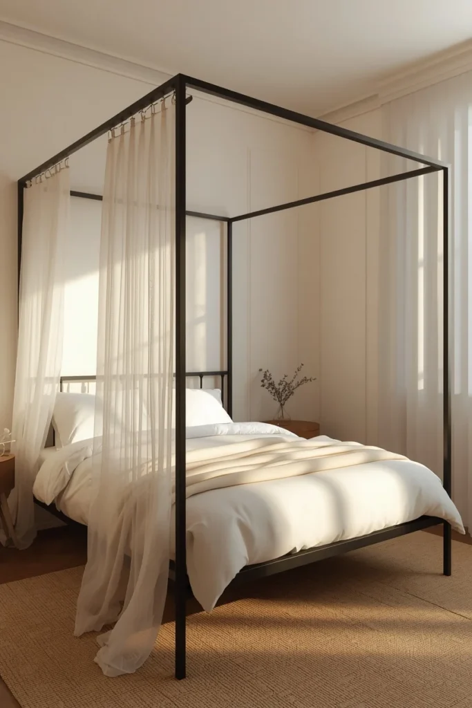  small bedroom, featuring a slim black metal four-poster bed frame with a single sheer white curtain panel