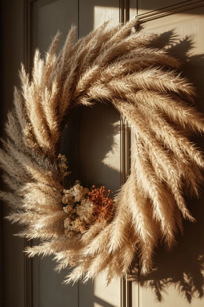 front door wreath close-up, featuring a wreath