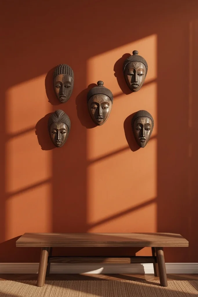 23 Afrobohemian Bedroom Ideas for Warm, Earthy, Soul-Filled Nights 17 bedroom wall detail, featuring a curated gallery of five carved wood African masks