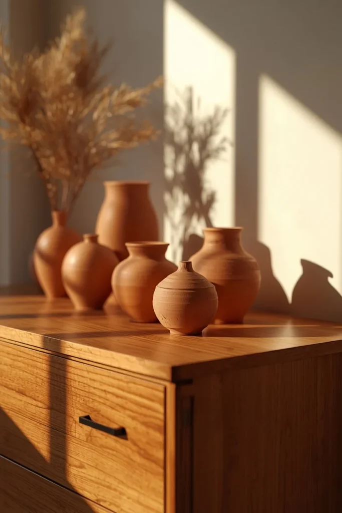  shelf styling, featuring a small grouping of clay and terracotta pottery vessels in varying shapes