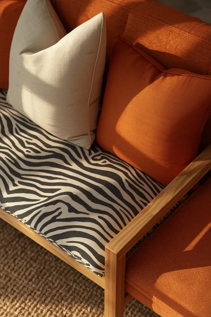  styling vignette, featuring a small zebra-print bench cushion