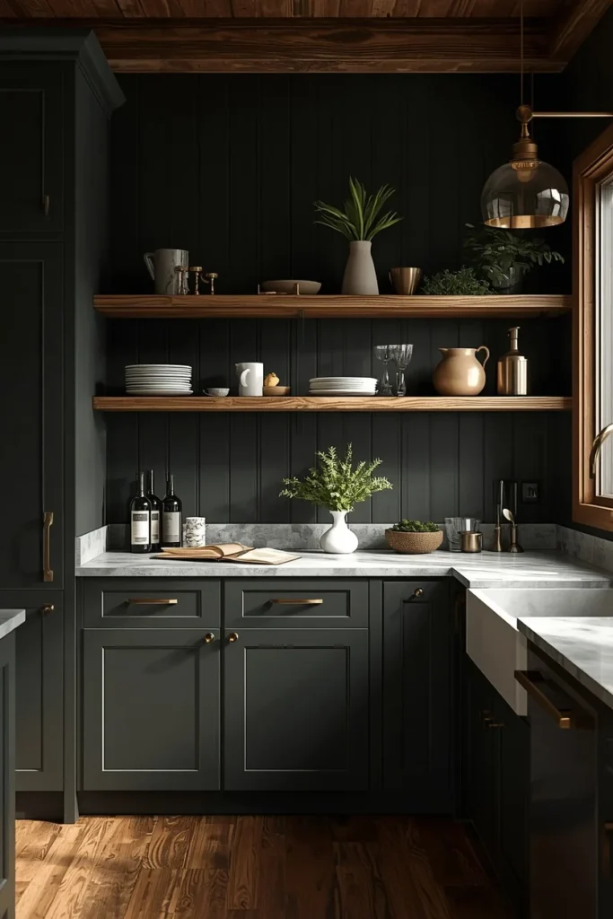  barndominium kitchen, featuring deep charcoal cabinetry