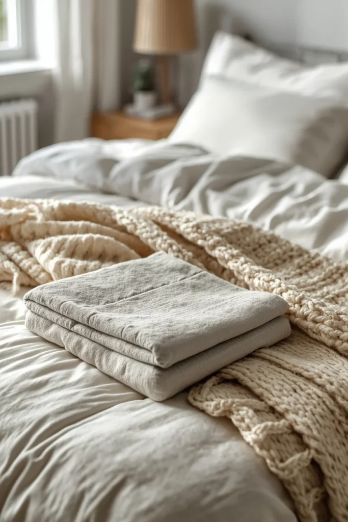 22 Beautiful Bedroom Ideas That Turn Your Room Into a Personal Sanctuary 17 bedroom, featuring a neutral gray weighted blanket folded at the foot of the bed