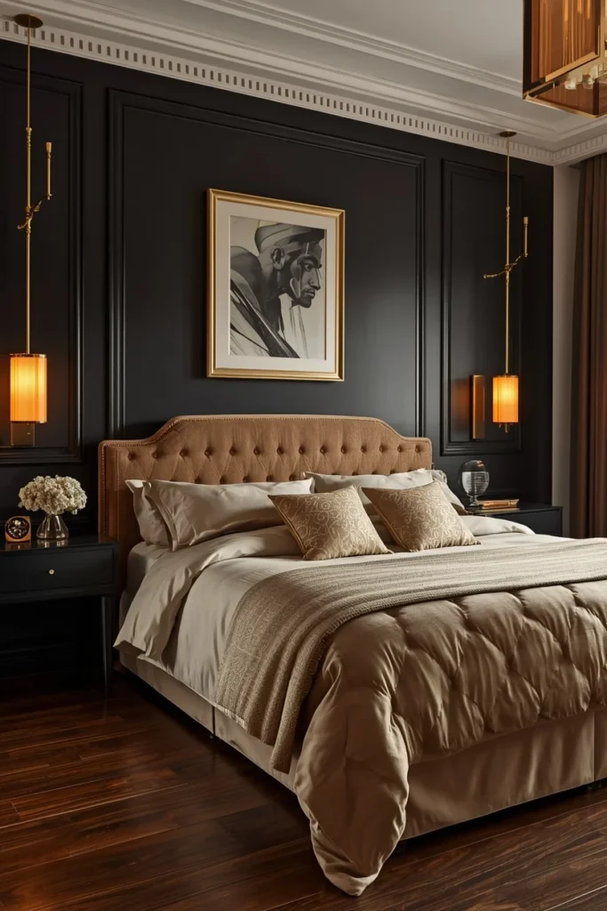 21 Bedroom Color Schemes That Make Your Room Feel Like a Boutique Hotel 17 Bedroom with matte black accent wall, warm gold and brass headboard and lighting fixtures