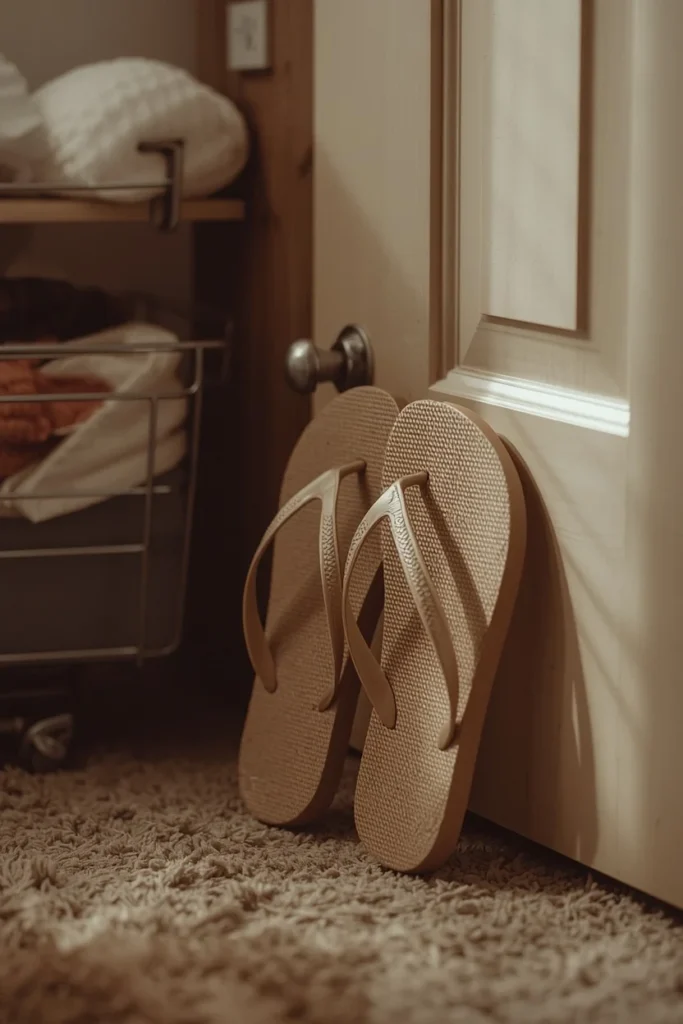 dorm room close-up, featuring a pair of textured non-slip shower flip-flops
