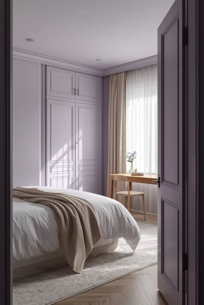 guest bedroom, featuring a soft grayed lavender ceiling matching the walls and closet doors,