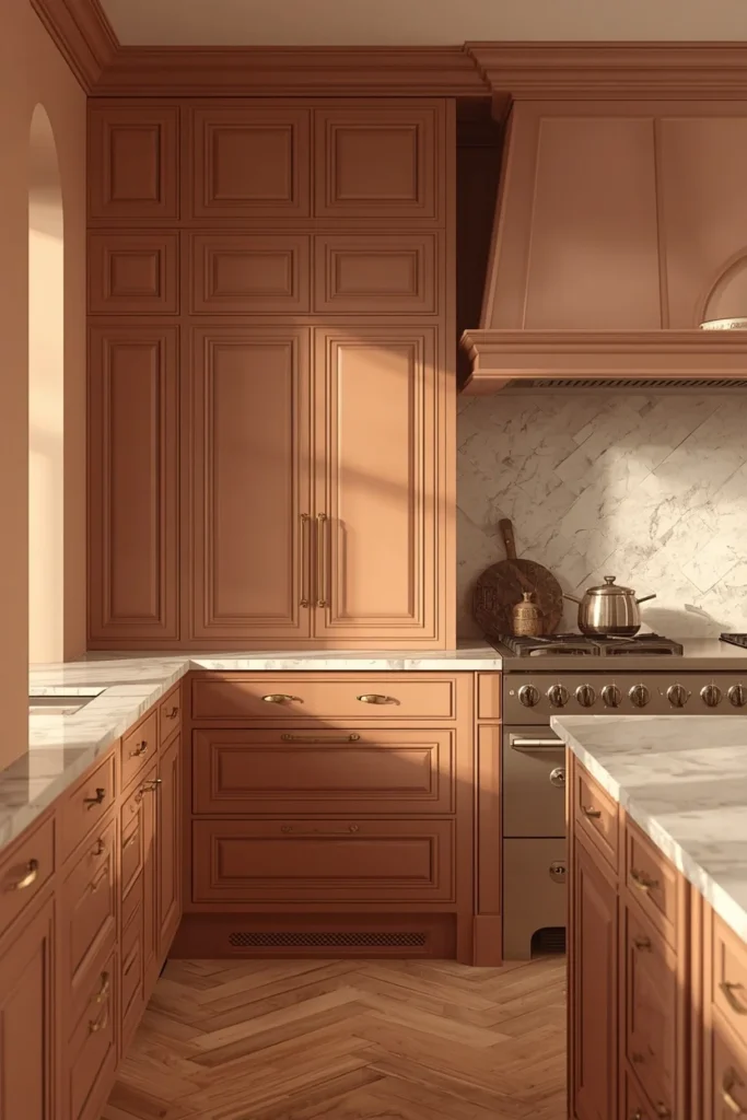 kitchen, featuring muted clay and rose-brown cabinets, walls, and trim, aged bronze hardware 