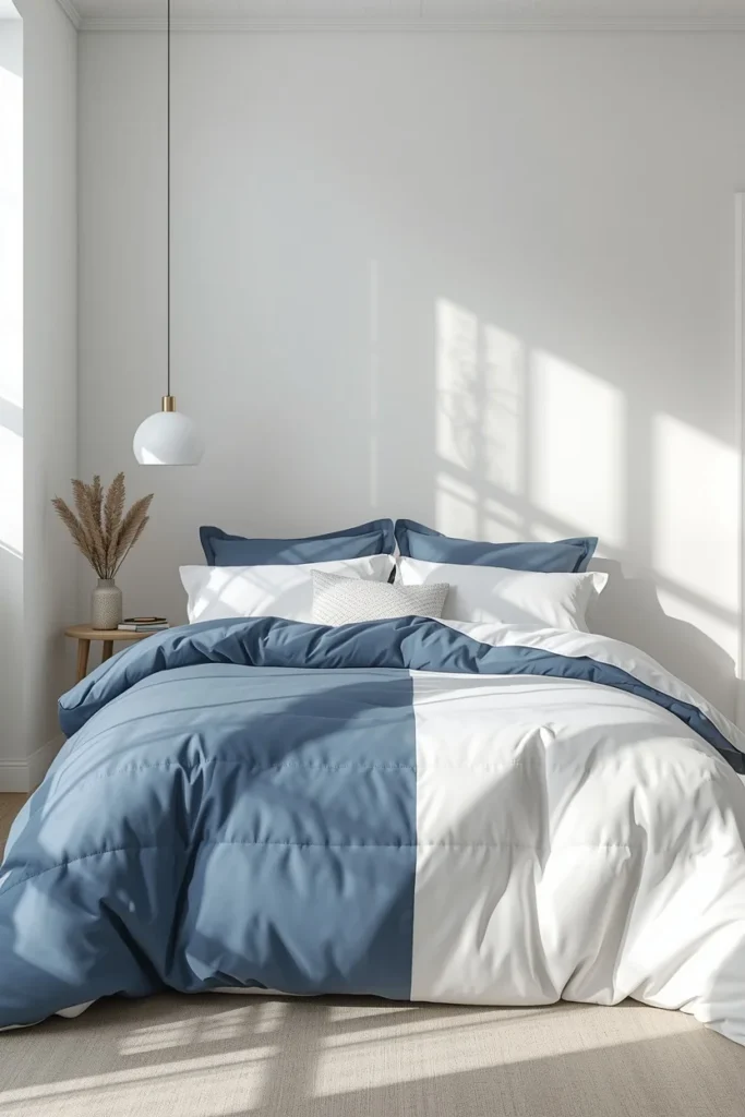 bedroom shot, featuring a bed with a color-blocked duvet in solid mid-blue and crisp white section
