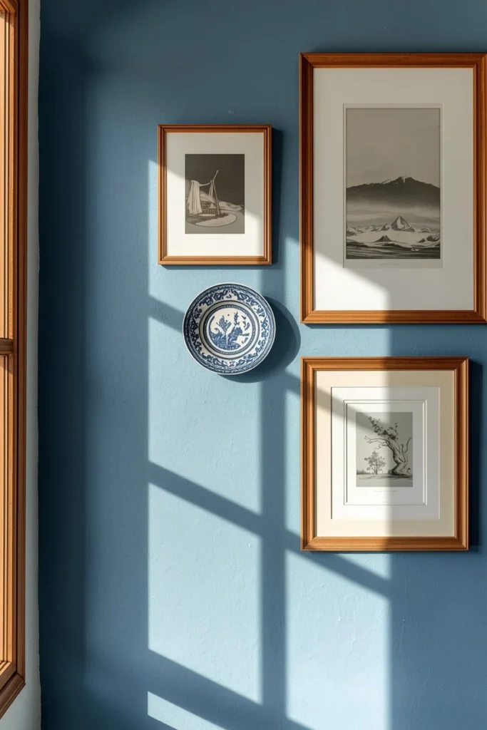 gallery wall detail, featuring a small grouping of blue and white ceramic plates and framed art