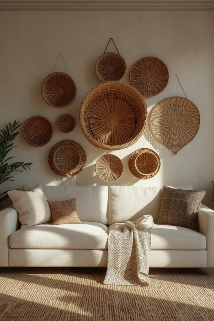 19 Cottagecore Living Room Ideas That Feel Like a Storybook Come to Life 17 cottagecore living room, featuring a cluster of varying wicker baskets