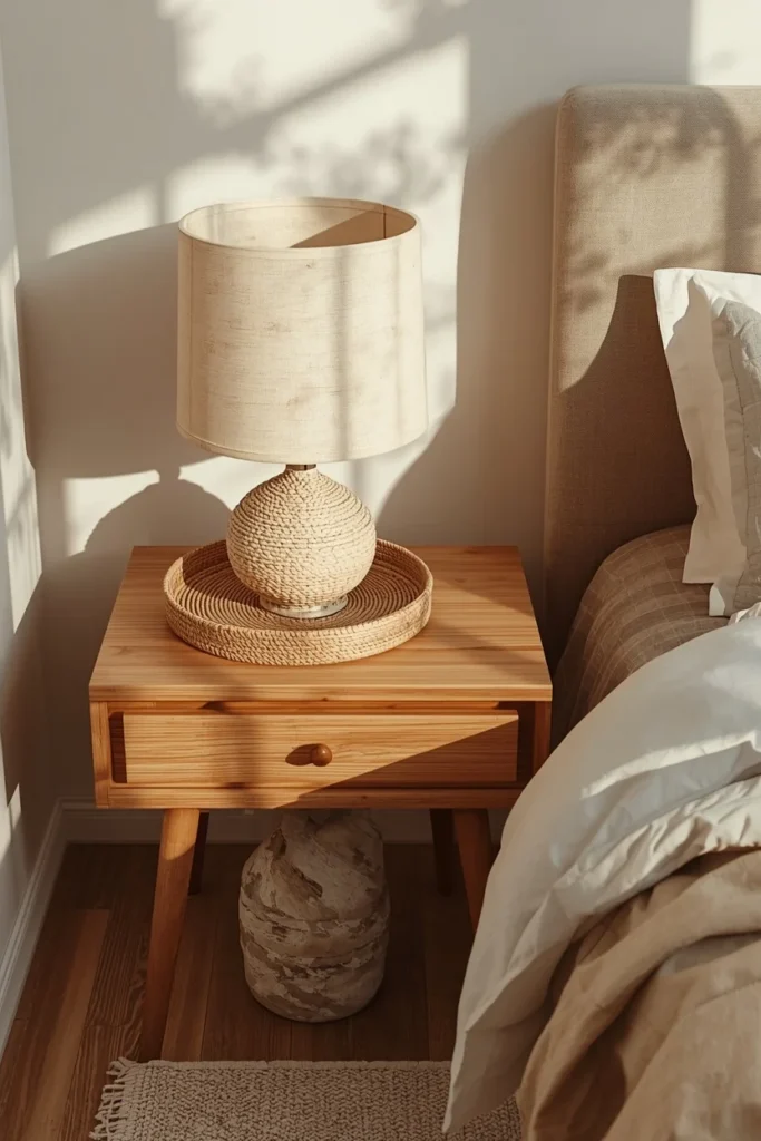 24 Cozy Bedroom Ideas That Make You Never Want to Leave Your Bed 17 bedroom nightstand close-up, featuring a warm wood nightstand