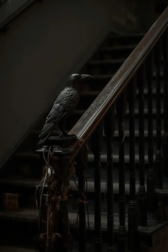  staircase railing, featuring one realistic matte black raven figure