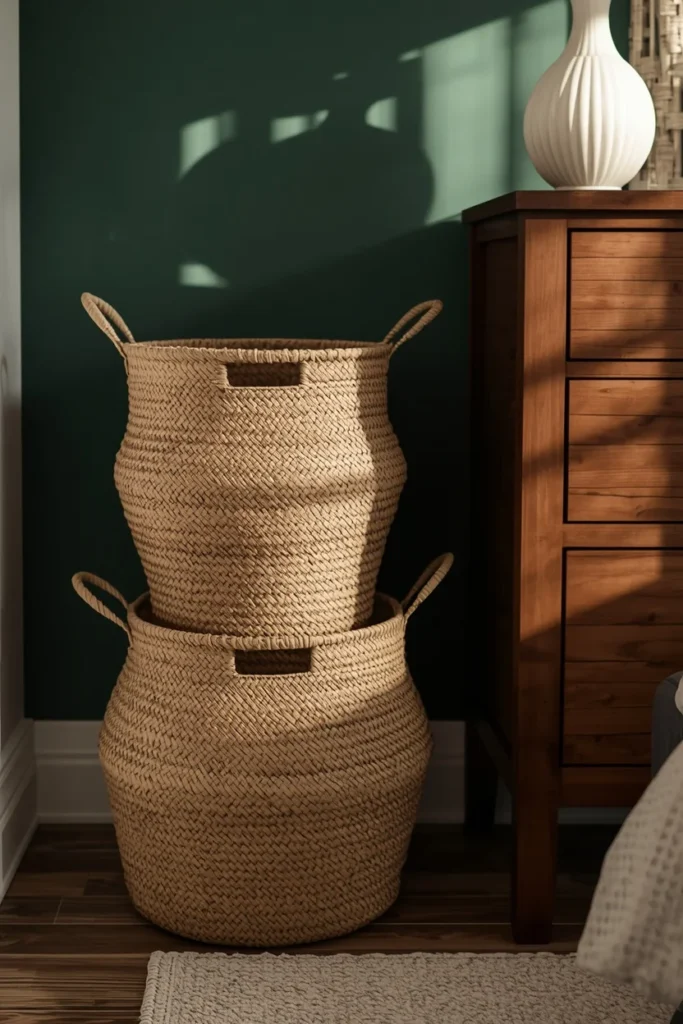 bedroom corner, featuring two stacked woven seagrass storage baskets