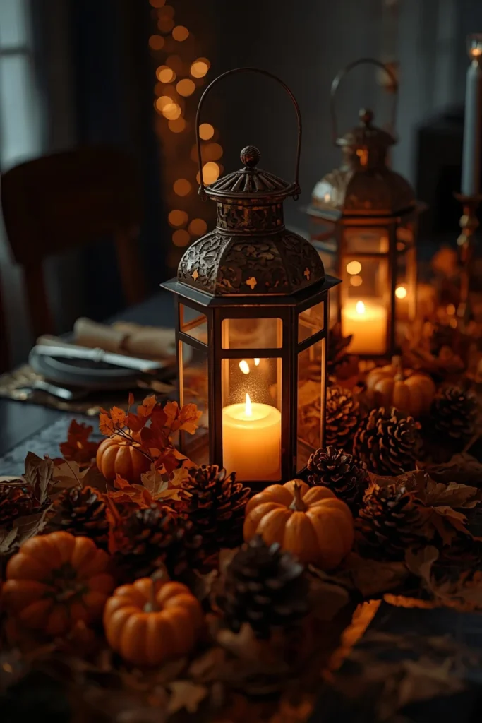 21 Fall Centerpiece Ideas That Take Minutes to Put Together (Easy + Budget-Friendly) 17 evening centerpiece, featuring one oversized glowing lantern surrounded by pinecones,