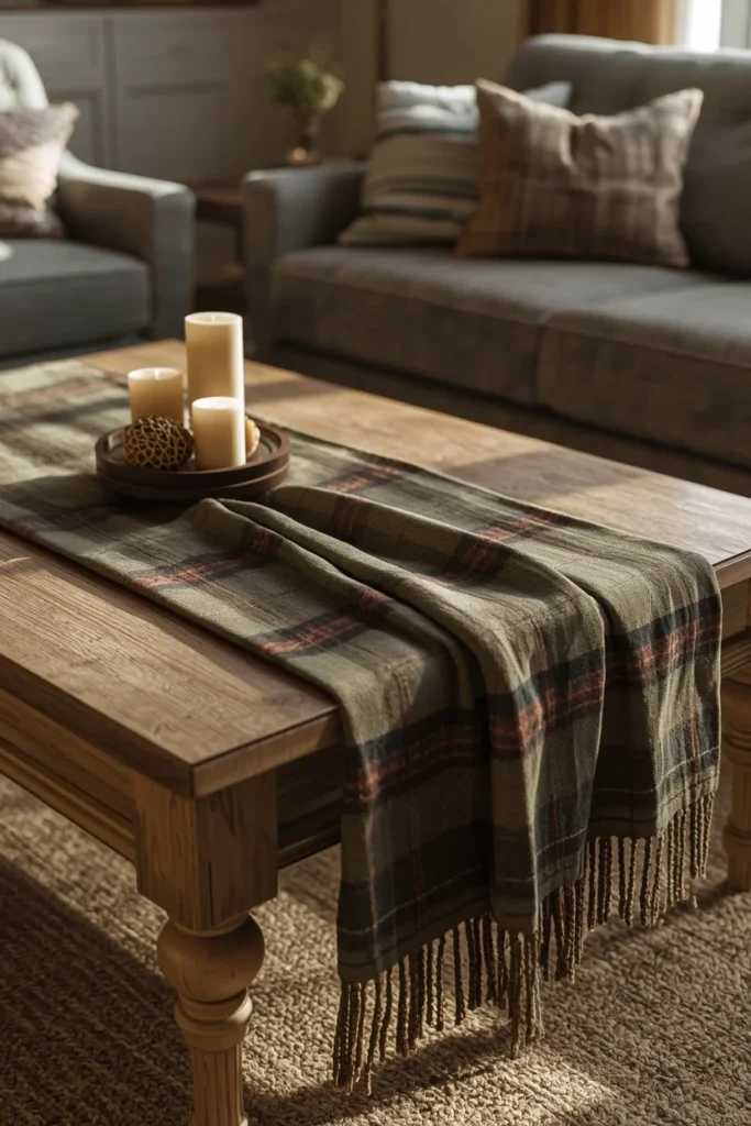 20 Fall Coffee Table Decor Ideas to Steal This Season 17 living room, featuring a muted forest green and rust buffalo check runner